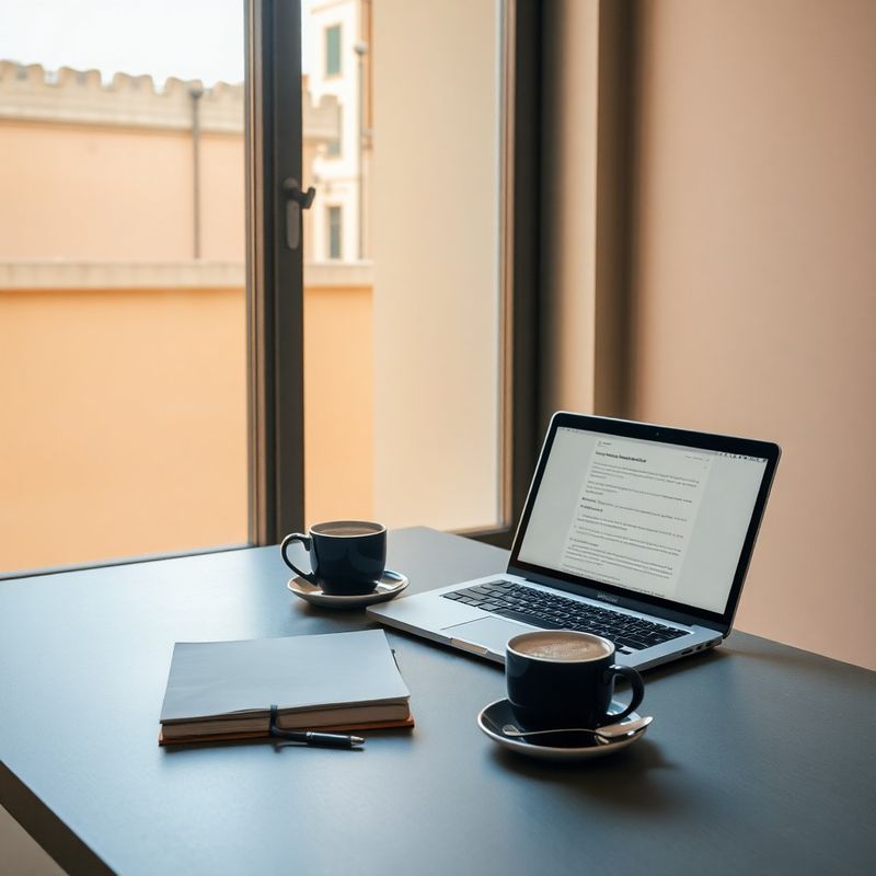 Angolo tranquillo dello studio Bottega di Verona a Bologna: scrivania, quaderno, caffè e laptop
