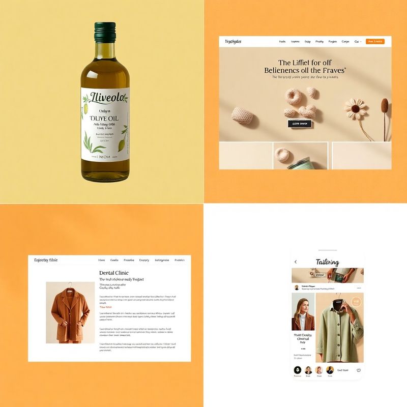Grid a quattro pannelli con deliverable di branding: etichetta olio, screenshot sito ricambi, landing clinica odontoiatrica, profilo Instagram sartoria